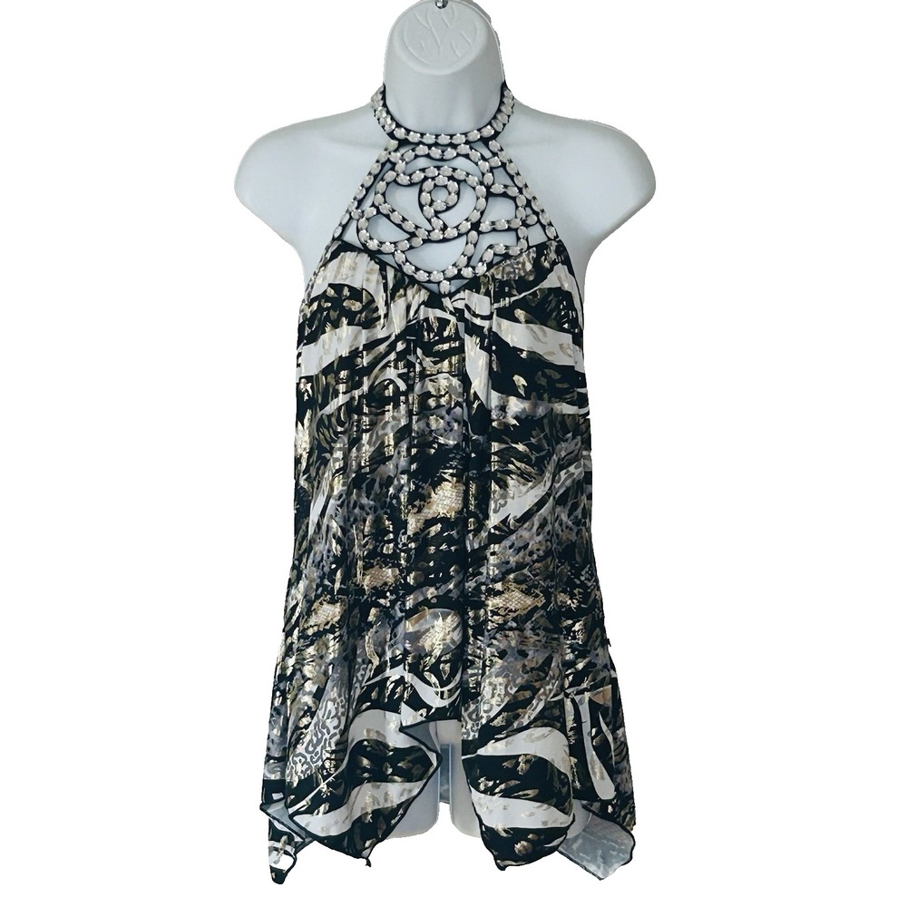 Venus Disco Halter Tunic M Metallic Asymmetric Beaded Flowy 70s Club Long Top